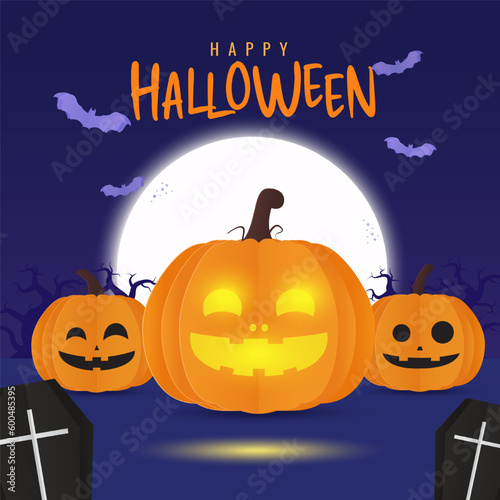 Happy halloween. Lantern orange pumpkin with pumpkin  bat and coffin for halloween on orange background. Vector illustration