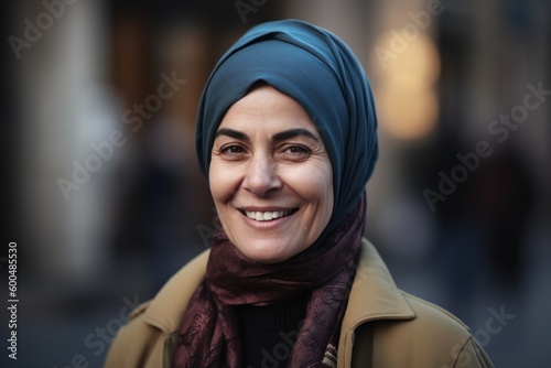 Portrait of a smiling middle-aged muslim woman wearing a head scarf
