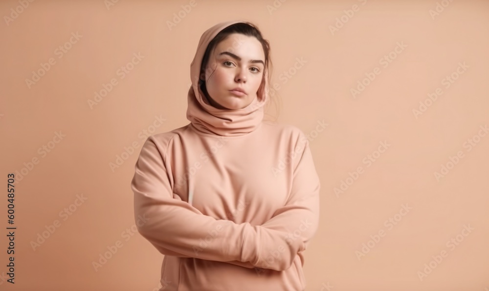 Self loving young woman plus size in sport wear on beige background, body love, generative AI Self loving young woman plus size in sport wear on beige background, body love, generative AI