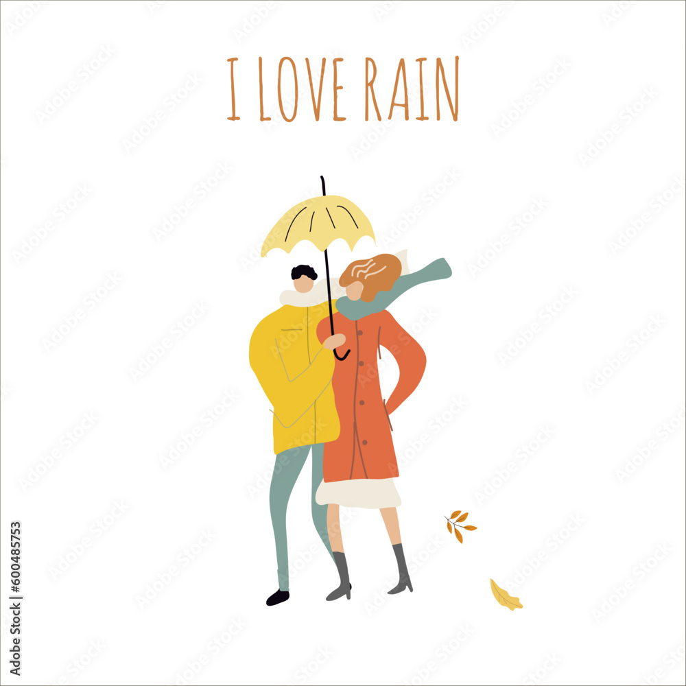 Flat vector illustration of a man with a woman, a couple walking in the rain with an umbrella. Hello autumn, cozy autumn, hand drawn, autumn forest. Flat vector illustration of a man with a woman, a couple walking in the rain with an umbrella. Hello autumn, cozy autumn, hand drawn, autumn forest.
