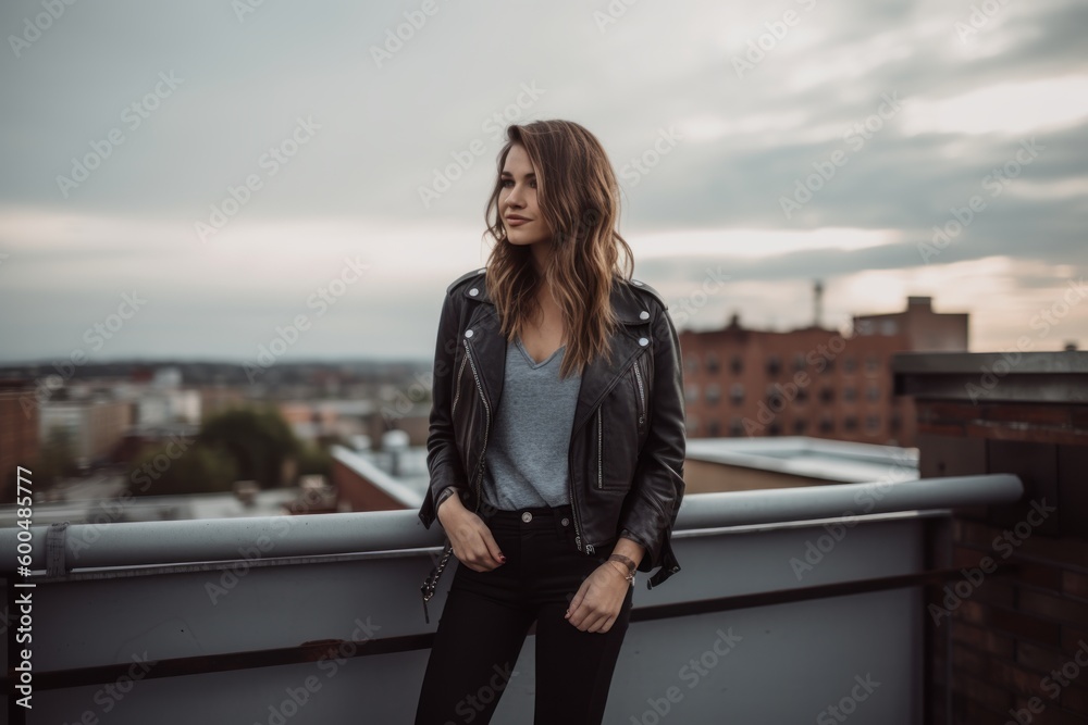 young beautiful hipster woman in black leather jacket posing in the city
