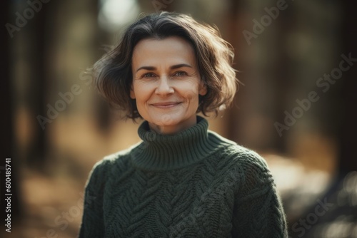 Portrait of a beautiful middle-aged woman in a green sweater.