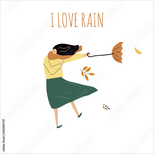 Flat vector illustration of a girl, a woman holding an umbrella in the rain. Hello autumn, cozy autumn, hand drawing, I love leaf fall.