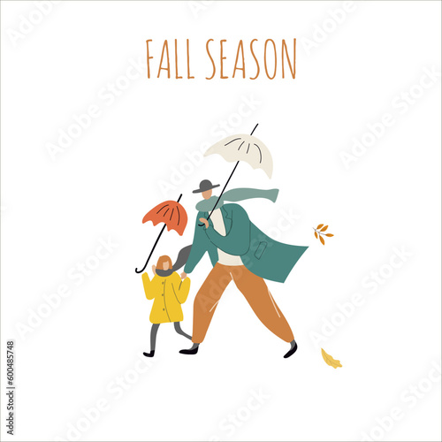 Flat vector illustration of a man with a child walking in the rain and holding umbrellas. Hello autumn, cozy autumn, hand drawn, autumn forest.