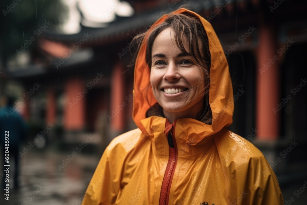 Portrait of a beautiful young woman wearing raincoat in a rainy day Portrait of a beautiful young woman wearing raincoat in a rainy day