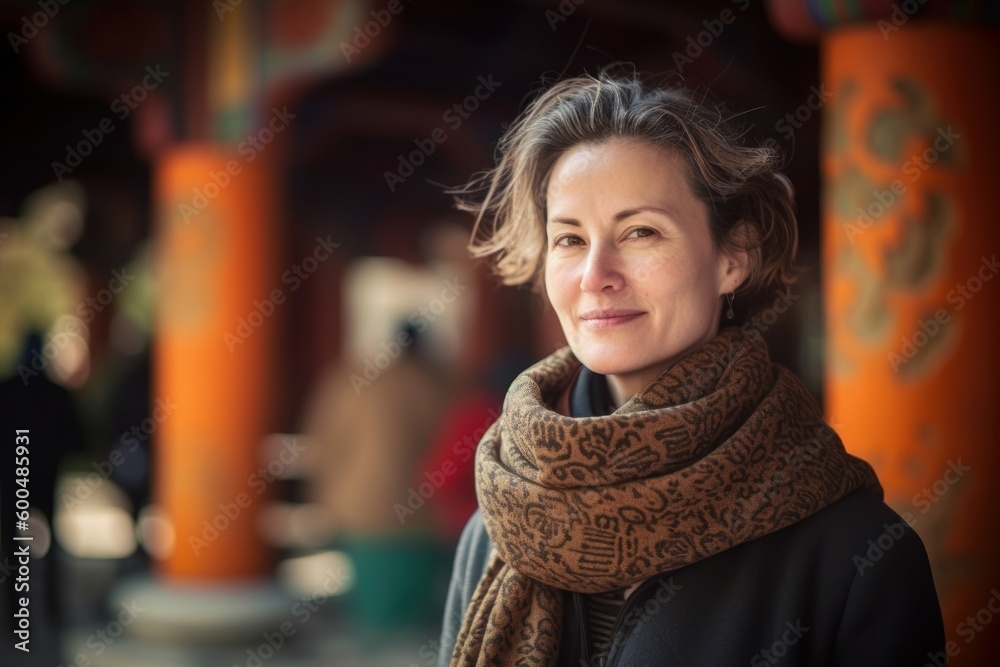 Portrait of a middle-aged woman in a chinese temple
