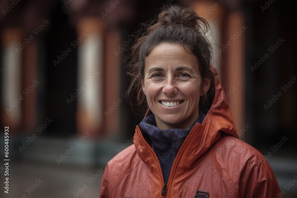Portrait of a smiling middle-aged woman in a red jacket Portrait of a smiling middle-aged woman in a red jacket
