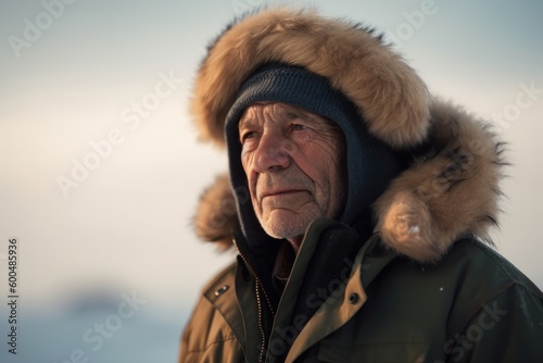 Portrait of an elderly man in winter clothes on the nature.