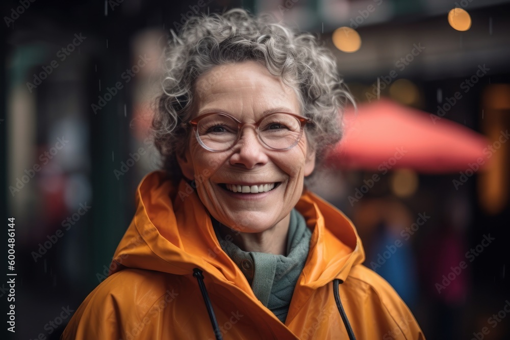Portrait of a smiling senior woman wearing glasses and coat standing in the rain Portrait of a smiling senior woman wearing glasses and coat standing in the rain