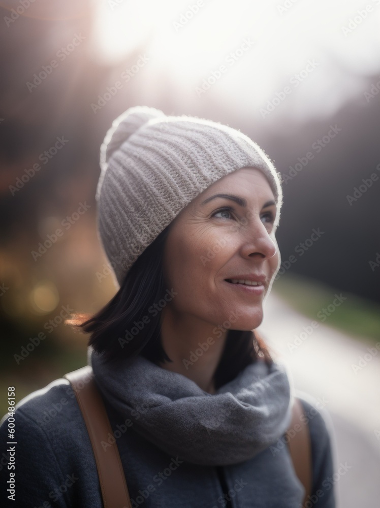 Portrait of a smiling woman wearing a hat and scarf in the park Portrait of a smiling woman wearing a hat and scarf in the park