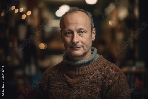 Portrait of a handsome mature man with gray hair in a knitted sweater