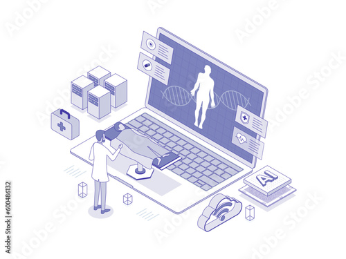 Robots aid doctors in data analysis, improving accuracy and efficiency in healthcare: patient in a hospital: artificial intelligence in healthcare lineal isometric illustration