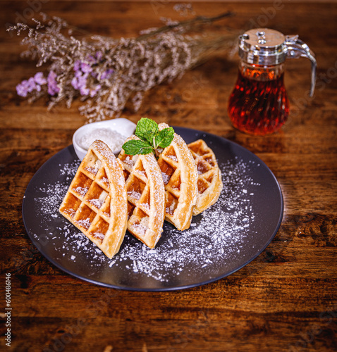 Original Belgian Waffles with fresh with a sprinkling of sugar suitable for breakfast