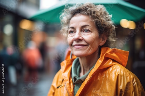 Portrait of smiling mature woman in raincoat standing in city street