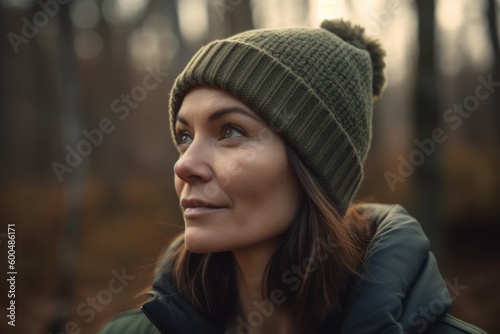 Beautiful young woman in a hat and coat in the autumn forest