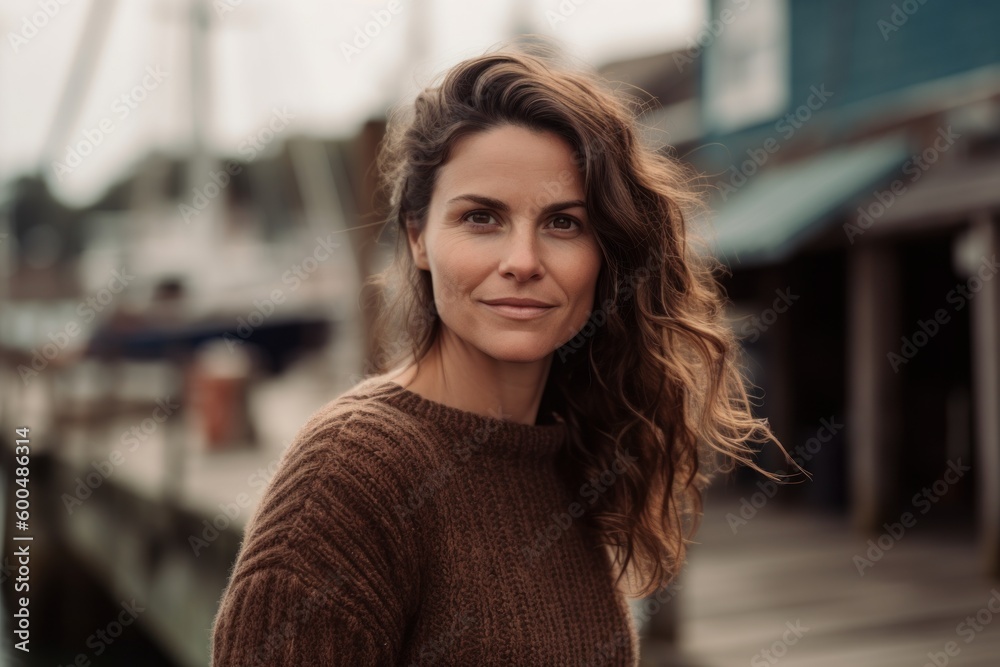 Fototapeta premium Lifestyle portrait photography of a satisfied woman in her 30s wearing a cozy sweater against a fishing village or dock background. Generative AI
