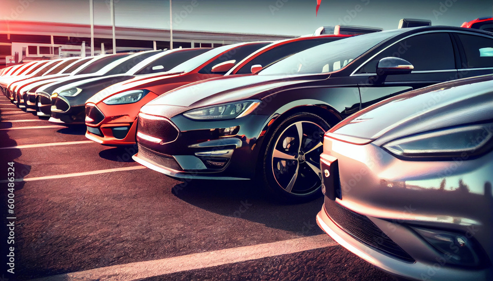 Cars for sale stock lot. Car dealer inventory. Ai generated image
