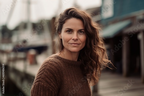 Lifestyle portrait photography of a satisfied woman in her 30s wearing a cozy sweater against a fishing village or dock background. Generative AI