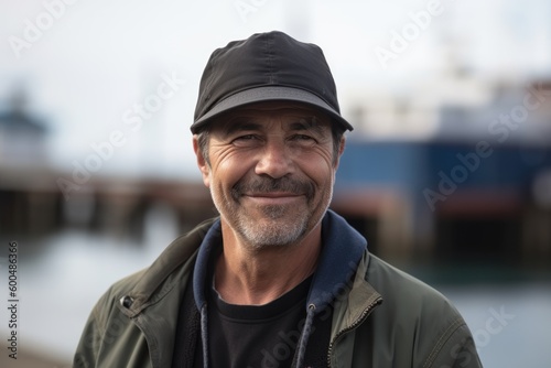 Foto Environmental portrait photography of a grinning man in his 50s wearing a cool cap or hat against a fishing village or dock background
