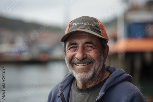 Environmental portrait photography of a grinning man in his 50s wearing a cool cap or hat against a fishing village or dock background Fototapet