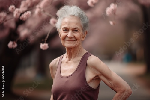 Portrait of happy senior woman in sportswear standing near blooming tree