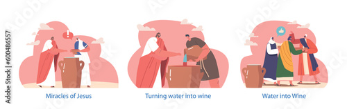 Jesus Performs Miracle At Wedding, Turning Water Into Wine Isolated Elements. The Guests Characters Are Amazed