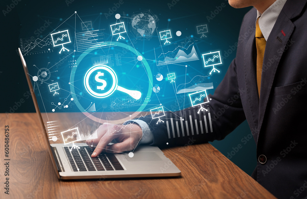 Business hand working on laptop, successful business concept Business hand working on laptop, successful business concept