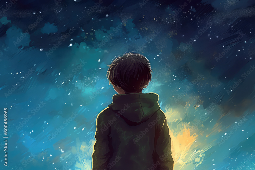 Little boy looking at the starry night sky