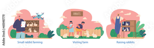 Isolated Scenes with Farmers Character Raise Rabbits For Livestock By Providing Proper Shelter, Feeding Them Food