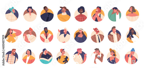 People Avatars In Different Races, Genders, Ages. Dressed In Casual Clothing And Presenting Various Facial Expressions
