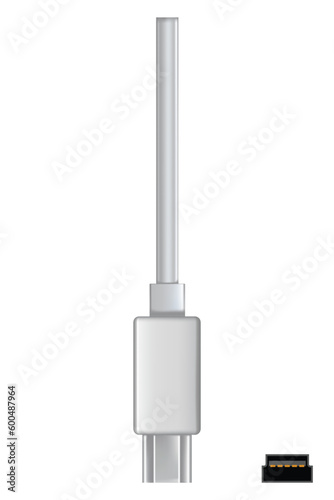 Usb cable connector, mini b. Realistic vector of phone jack for cabling in white color. Cable for charging or transmitting information for modern electronic devices