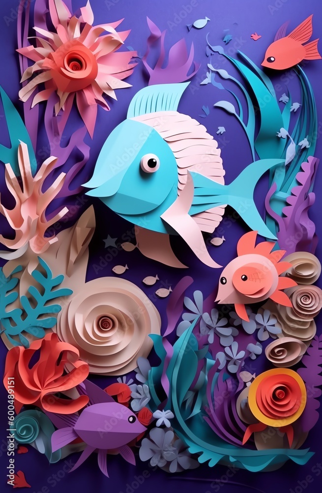 Obraz premium Paper cut out of a fish and flowers
