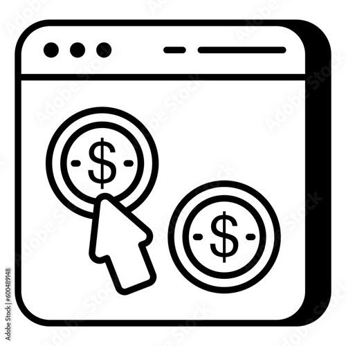 Dollar coins on webpage, icon of online banking