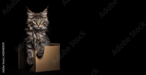 Young cat standing over a cardboard box on a black background. Adorable cute maine coon cat in a box. Generative AI.