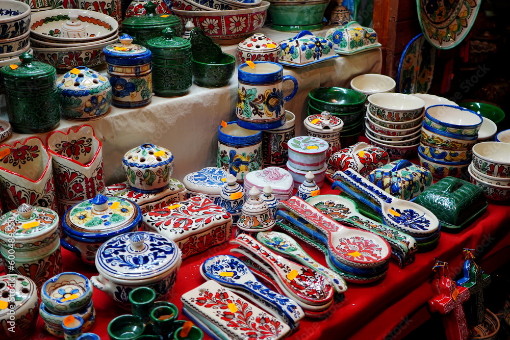 Romanian traditional pottery from Corund village for sale at a fair in Bucharest