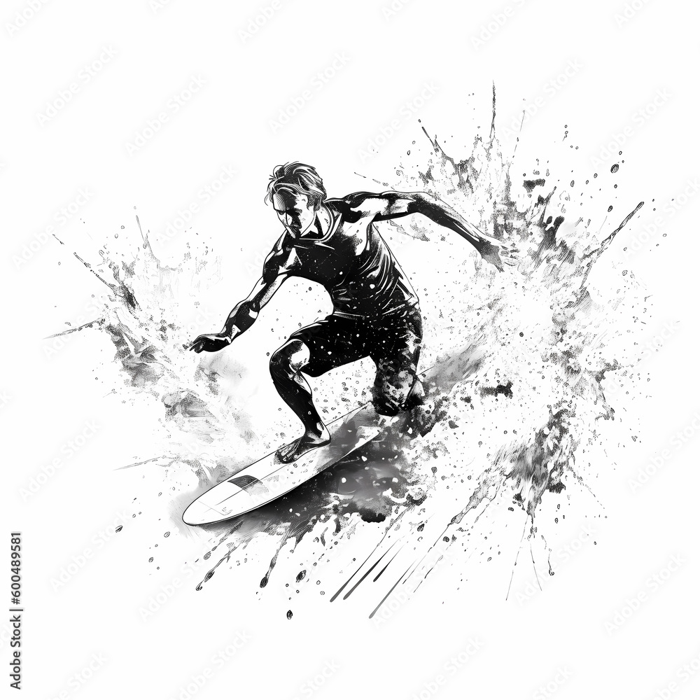 Surfer Black And WHite design, Generative AI Surfer Black And WHite design, Generative AI