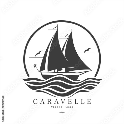 Minimal modern Sailing boat on the water, vector logo. Caravelle emblem