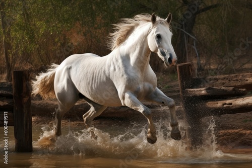A Hungarian Andalusian horse gracefully leaping over a fence or stream. Capture the romantic  metaphorical symbolism of the Hungarian horse in culture  history and folklore. Generative AI
