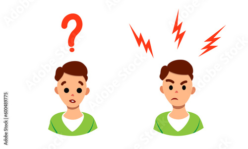 Angry and confused man face with lightning and question mark. Vector flat character, negative emotions concept. On edge avatar set isolated on white background. Mental health vector illustration.