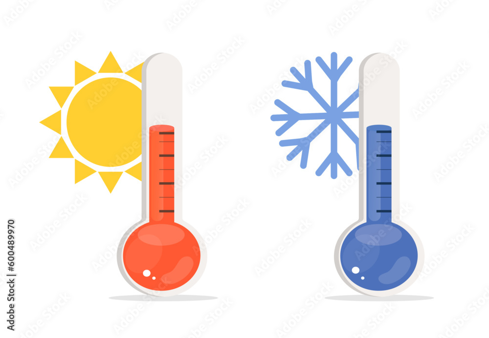 Thermometer hot and cold temperature. Meteorological thermometers measuring climate.  - obrazy, fototapety, plakaty 