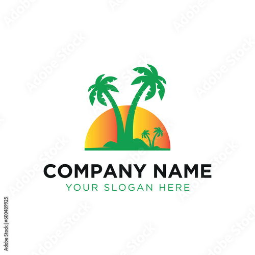 tropical island logo design with sunset icon.