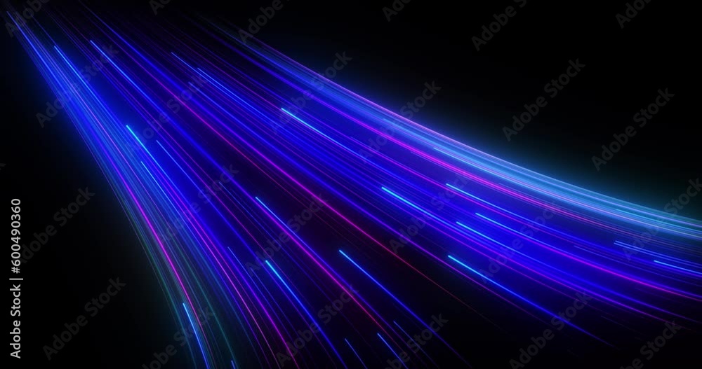 Neon line movement, blue and purple stream, curve abstract technology background, light rays in motion, speed of light lights, seamless loop, 4K