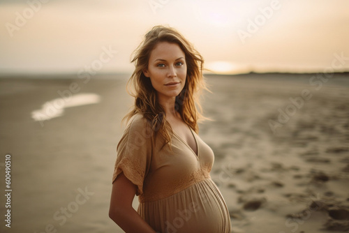 An attractive young pregnant woman walking on a beach. Portrait of a female enjoying a peaceful moment on a sunny day. Generative AI