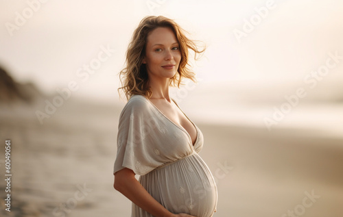 An attractive young pregnant woman walking on a beach. Portrait of a female enjoying a peaceful moment on a sunny day. Generative AI photo