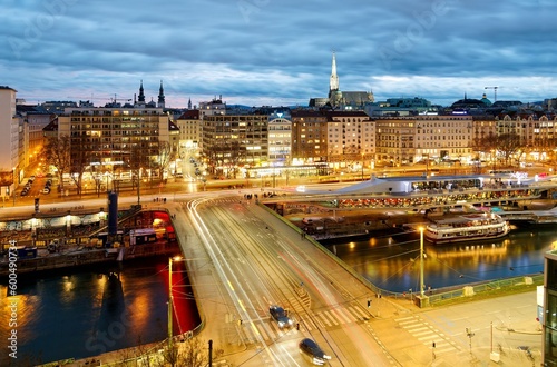 Photography Night urban skyline of beautiful Vienna City, with the prominent landmark South Tower of St