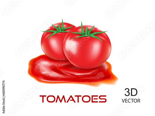 fresh tomatoes and tomato sauce isolated on the white background.fresh tomatoes vector illustration design template,use for tomato sauce advertising banner poster and label design.