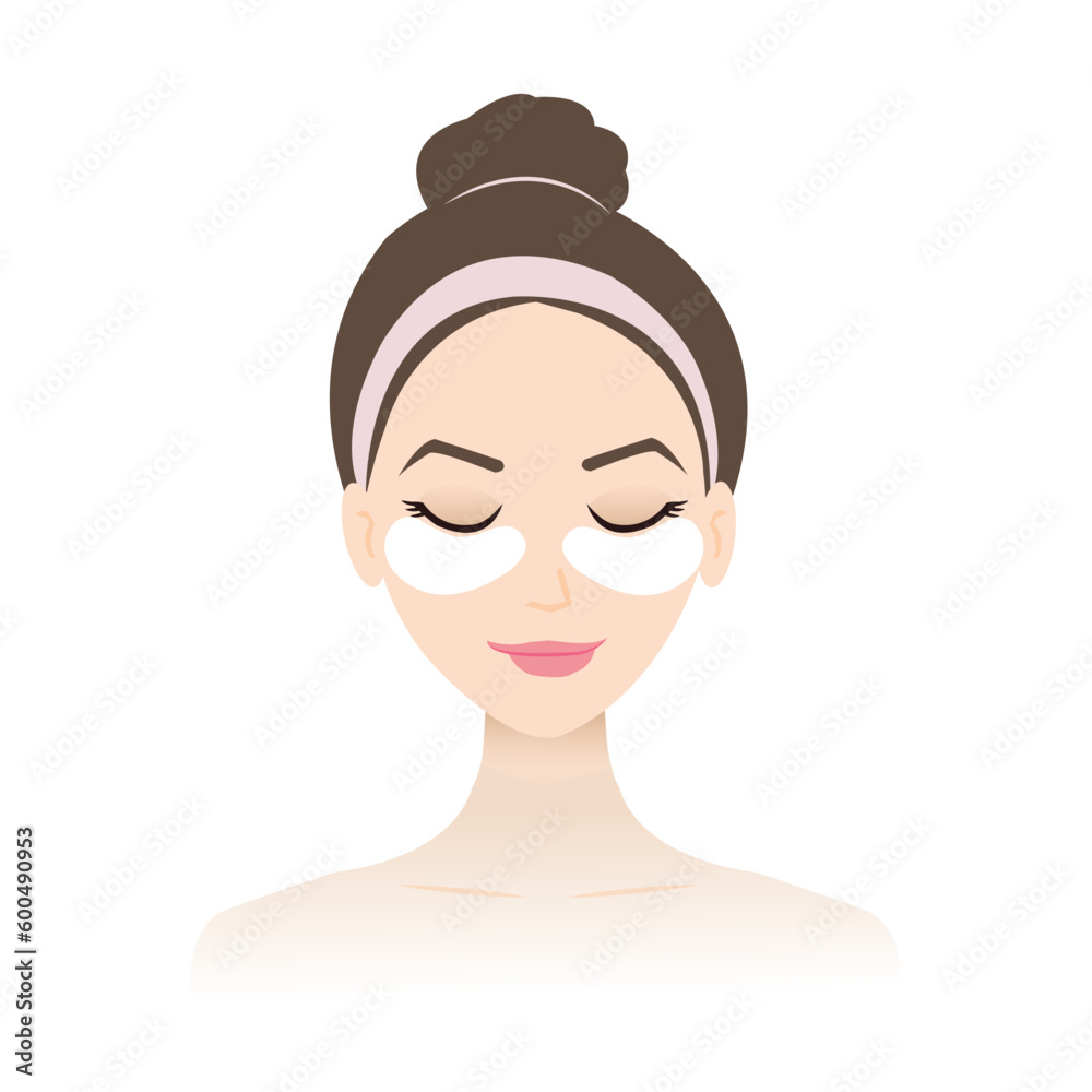 The woman place under eye mask on her face vector isolated on white background. Eye serum patches help smooth under eye skin texture and reduce fine lines. Skin care and beauty concept illustration.