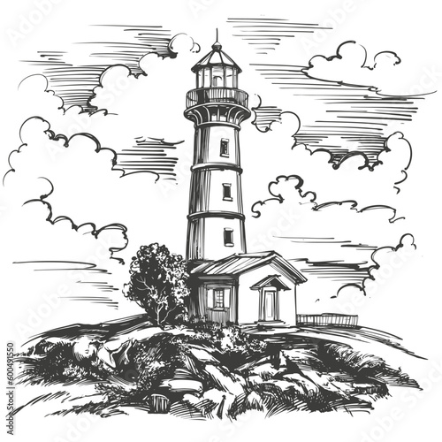 lighthouse and sea landscape hand drawn vector illustration realistic sketch