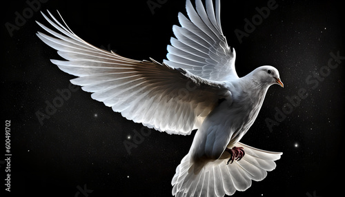 white dove flying in a black sky