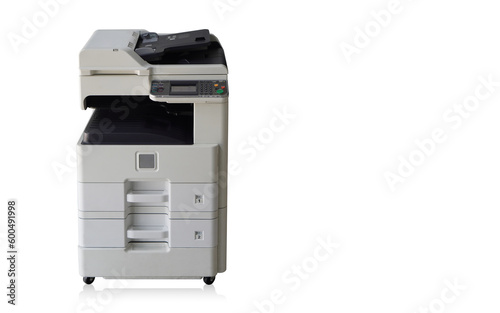 inside left, black and white digital photocopier and printer on isolated background, technology, object, banner, template, copy space